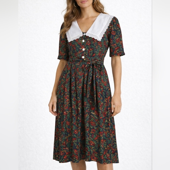 Misc Dresses & Skirts - Vintage Style Floral Midi Dress Lace Collar Button Front Waist Tie Multicolor